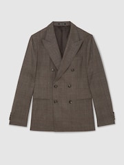 Reiss Chocolate Brown Penso Wool Check Double-Breasted Suit Blazer Classic-Fit - Image 2 of 8