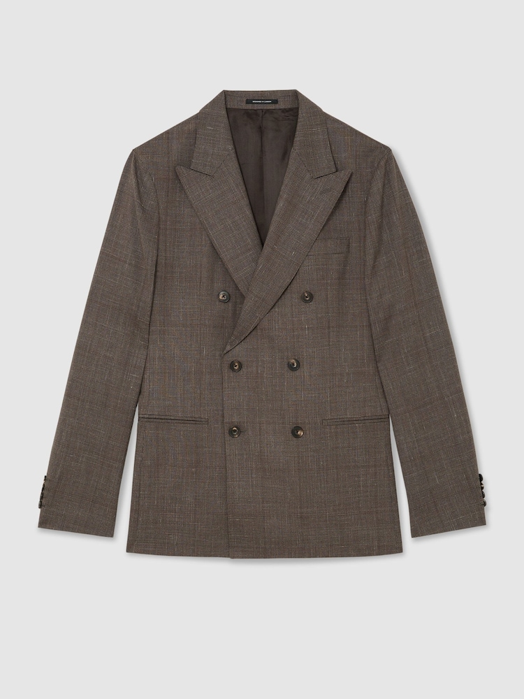 Reiss Chocolate Brown Penso Wool Check Double-Breasted Suit Blazer Classic-Fit - Image 2 of 8