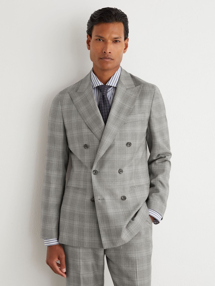 Reiss Light Grey Steal Classic Fit Wool Check Double-Breasted Suit Blazer - Image 1 of 8 Reiss Light Grey Steal Classic Fit Wool Check Double-Breasted Suit Blazer - Image 1 of 8
