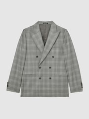 Reiss Light Grey Steal Classic Fit Wool Check Double-Breasted Suit Blazer - Image 2 of 8
