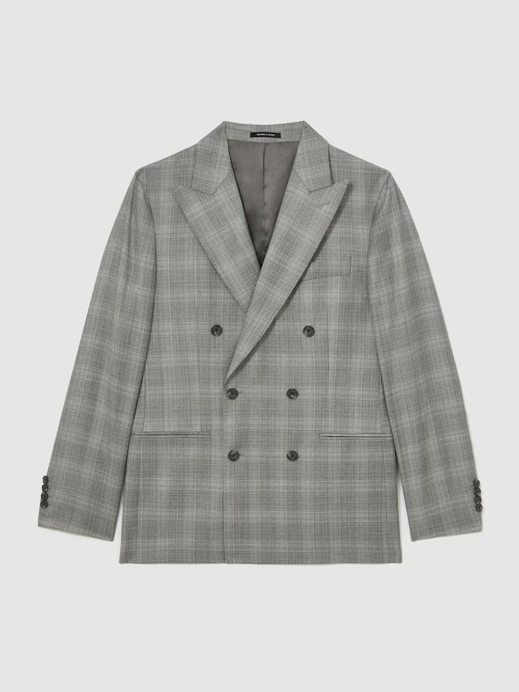 Reiss Light Grey Steal Classic Fit Wool Check Double-Breasted Suit Blazer - Image 2 of 8 Reiss Light Grey Steal Classic Fit Wool Check Double-Breasted Suit Blazer - Image 2 of 8