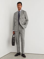 Reiss Light Grey Steal Classic Fit Wool Check Double-Breasted Suit Blazer - Image 4 of 8