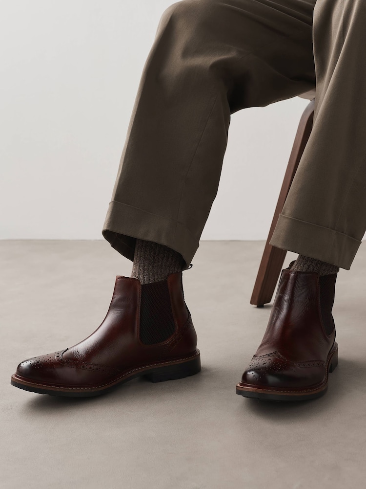 Brown Brogue Leather Chelsea Boots - Image 1 of 7 Brown Brogue Leather Chelsea Boots - Image 1 of 7