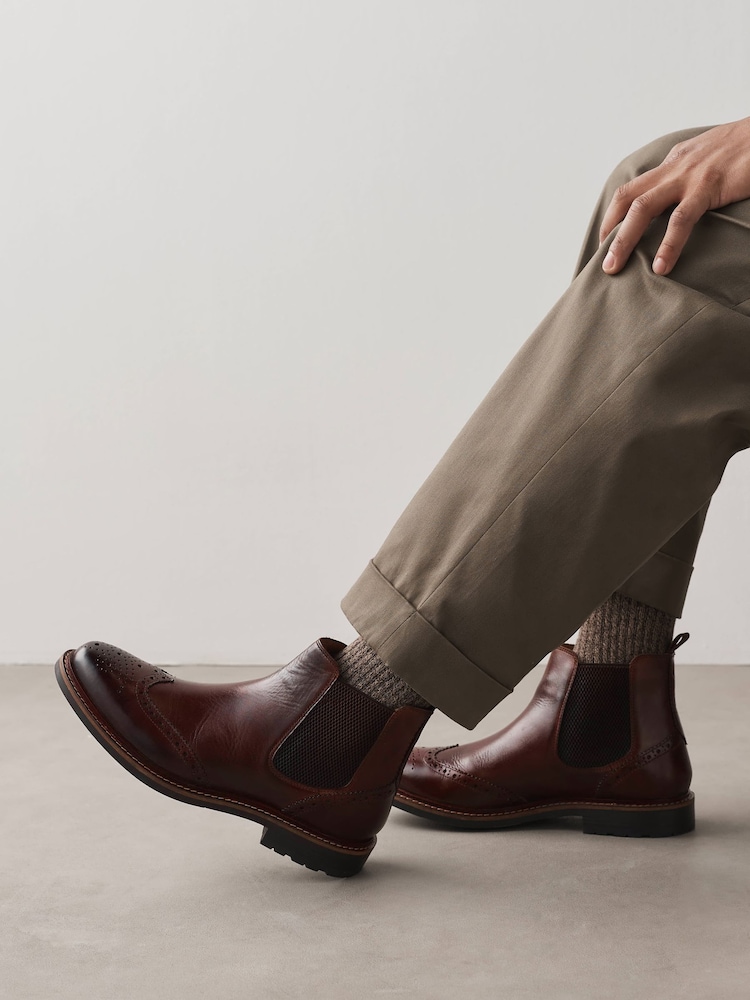 Brown Brogue Leather Chelsea Boots - Image 2 of 7 Brown Brogue Leather Chelsea Boots - Image 2 of 7