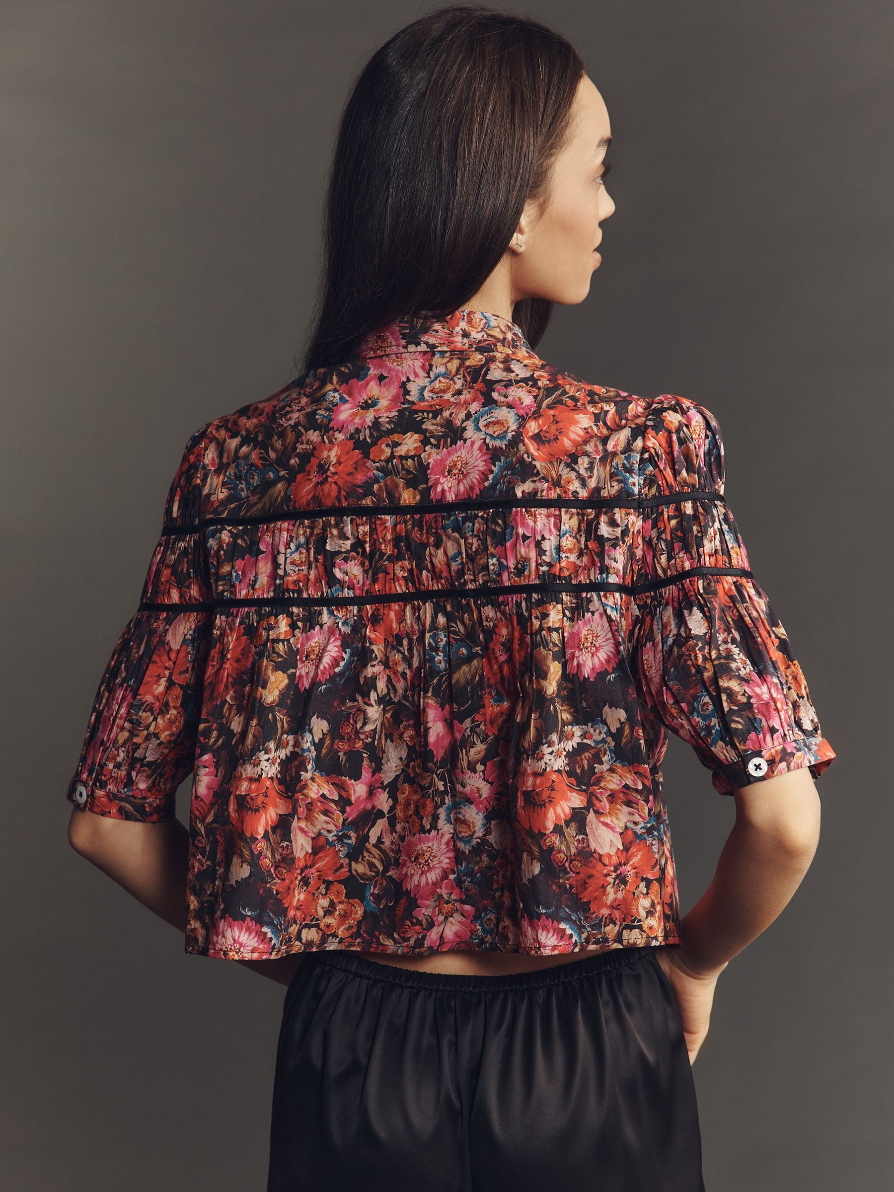 Buy Anthropologie Black/ Floral / Floral The Leandra Shirred Yoke