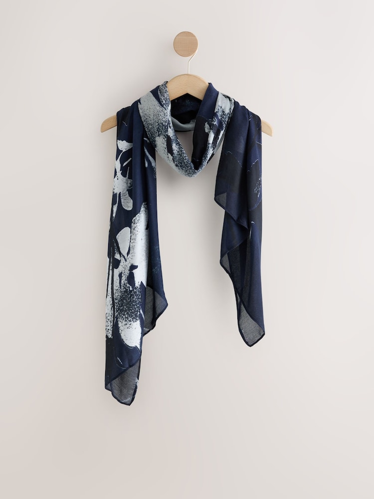 Navy Floral Print Lightweight Scarf - Image 1 of 3 Navy Floral Print Lightweight Scarf - Image 1 of 3