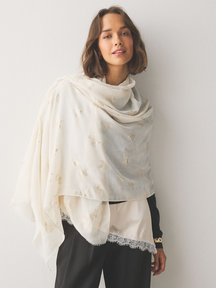 Ecru Foil Dove Print Lightweight Scarf - Image 1 of 6