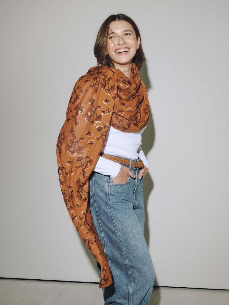 Ochre Floral Lightweight Scarf - Image 1 of 7