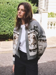 Grey/Brown Horse Jacquard Knitted Cardigan - Image 1 of 7