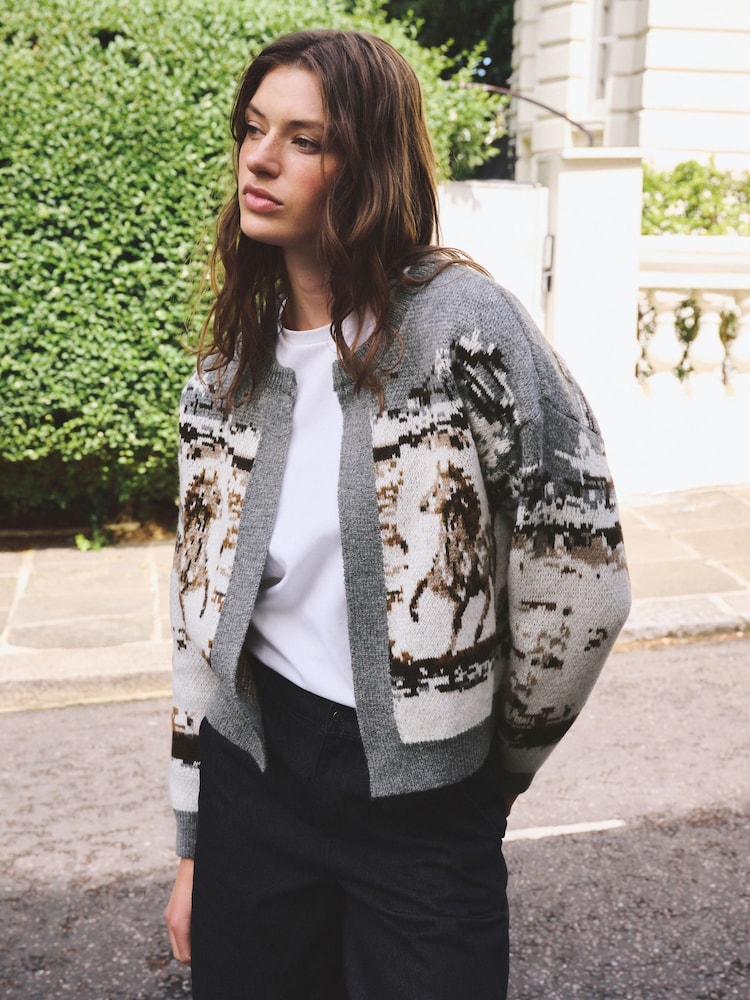 Grey/Brown Horse Jacquard Knitted Cardigan - Image 1 of 7
