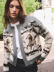 Grey/Brown Horse Jacquard Knitted Cardigan - Image 4 of 7