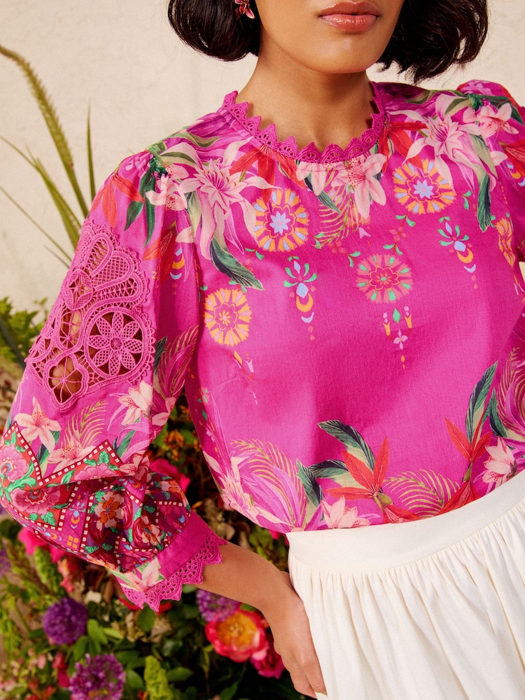 Love & Roses V&A Pink Petite Floral Printed Lace Insert Crew Neck Blouse - Image 2 of 5