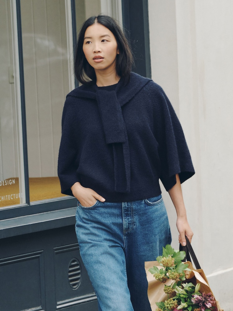 Navy Blue Sailor Collar Knitted Cover-Up - Image 1 of 8 Navy Blue Sailor Collar Knitted Cover-Up - Image 1 of 8