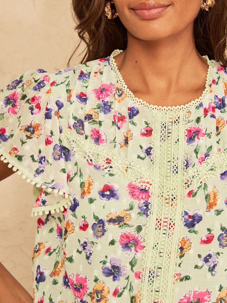 Love & Roses Sage Green Floral Petite Dobby Flutter Sleeve Shell Top - Image 2 of 4