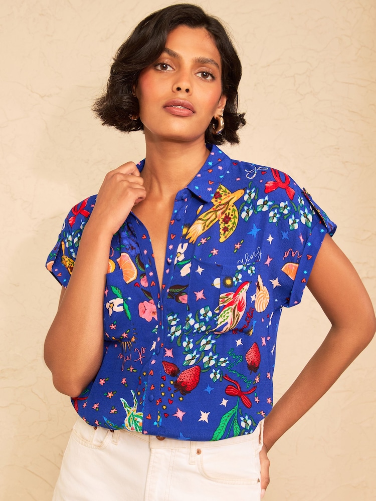 Love & Roses Cobalt Blue Graphics Print Petite Roll Sleeve Button Through Shirt - Image 1 of 4