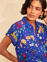 Love & Roses Cobalt Blue Graphics Print Petite Roll Sleeve Button Through Shirt - Image 2 of 4