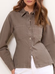 Lipsy Neutral Denim Cinched Waist Shirt - Image 1 of 5
