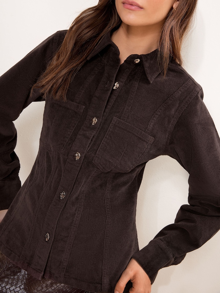 Lipsy Chocolate Brown Cord Cinched Waist Shirt - Image 1 of 5