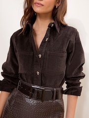 Lipsy Chocolate Brown Cord Cinched Waist Shirt - Image 2 of 5