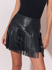 Lipsy Black Faux Leather Fringe Mini Skirt - Image 1 of 5