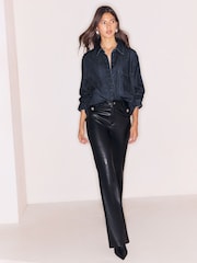 Lipsy Black Faux Leather High Waisted Glam Flare Jeans - Image 4 of 5