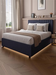 XR Living Navy Blue Maisie Velvet Ottoman Bed with Under Frame Lighting - Image 1 of 6