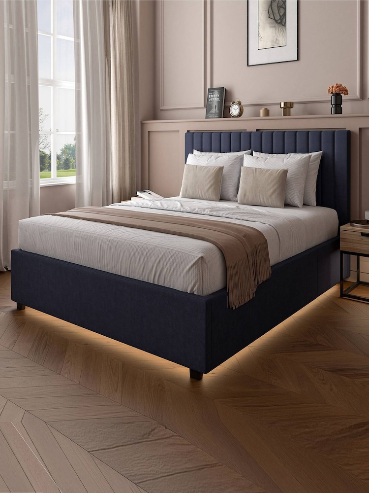 XR Living Navy Blue Maisie Velvet Ottoman Bed with Under Frame Lighting - Image 1 of 6