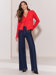 Lipsy Rinse Blue Wash Faux Leather Trim Tailored Wide Leg Jeans - Image 1 of 6