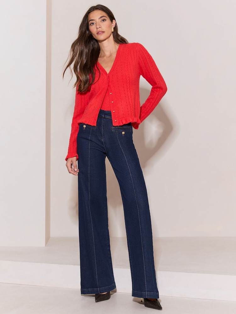 Lipsy Rinse Blue Wash Faux Leather Trim Tailored Wide Leg Jeans - Image 1 of 6