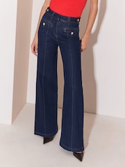 Lipsy Rinse Blue Wash Faux Leather Trim Tailored Wide Leg Jeans - Image 2 of 6