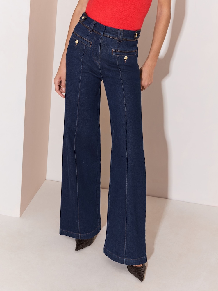 Lipsy Rinse Blue Wash Faux Leather Trim Tailored Wide Leg Jeans - Image 2 of 6