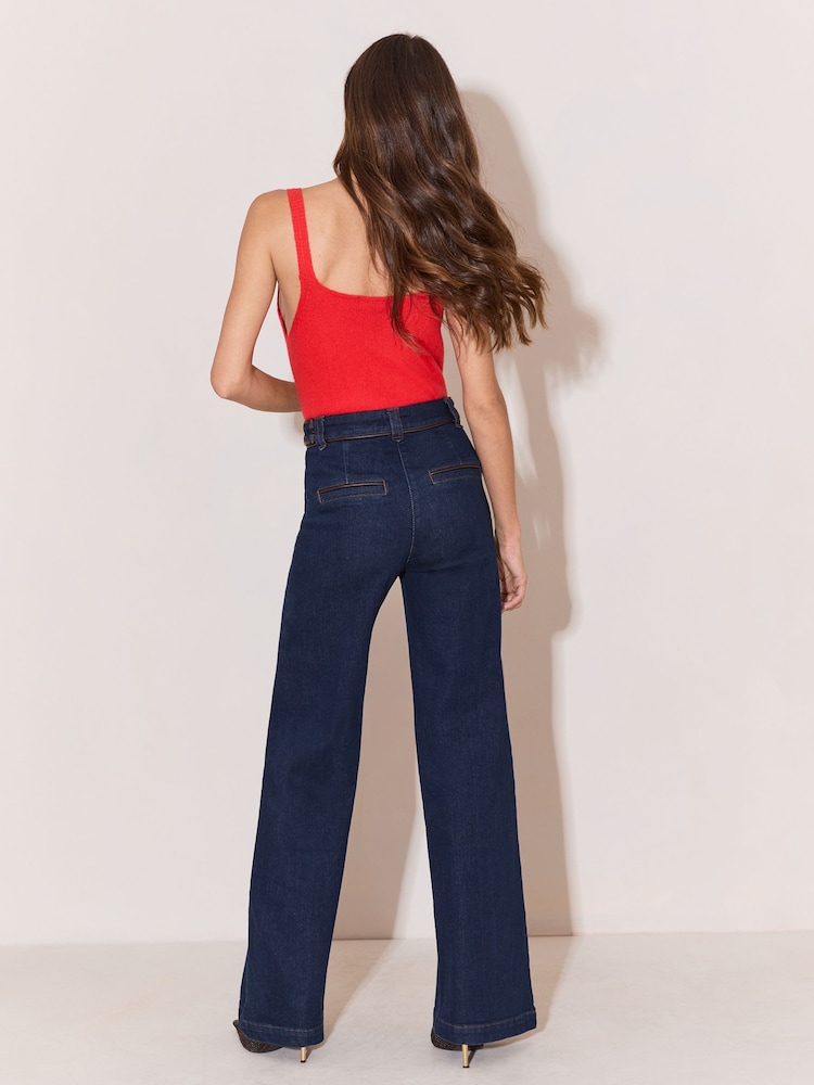 Lipsy Rinse Blue Wash Faux Leather Trim Tailored Wide Leg Jeans - Image 6 of 6