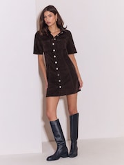 Lipsy Chocolate Brown Cord Gold Button Collared Dress - Image 2 of 5
