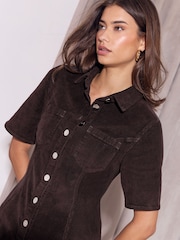 Lipsy Chocolate Brown Cord Gold Button Collared Dress - Image 3 of 5