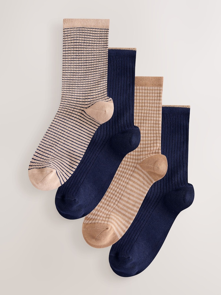 Navy Blue/Camel Stripe Supersoft Ribbed Ankle Socks 4 Pack - Image 1 of 7 Navy Blue/Camel Stripe Supersoft Ribbed Ankle Socks 4 Pack - Image 1 of 7