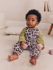 Purple/Green Leopard Print Baby Long Sleeve Bodysuit And Woven Dungarees Set 2 Piece (0mths-2yrs) - Image 1 of 2
