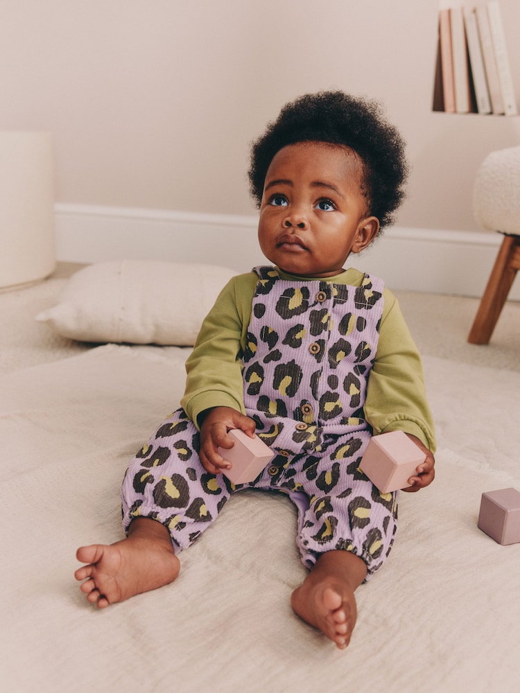 Purple/Green Leopard Print Baby Long Sleeve Bodysuit And Woven Dungarees Set 2 Piece (0mths-2yrs) - Image 1 of 2 Purple/Green Leopard Print Baby Long Sleeve Bodysuit And Woven Dungarees Set 2 Piece (0mths-2yrs) - Image 1 of 2