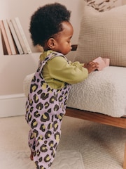 Purple/Green Leopard Print Baby Long Sleeve Bodysuit And Woven Dungarees Set 2 Piece (0mths-2yrs) - Image 2 of 2