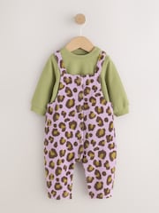 Purple/Green Leopard Print Long Sleeve Bodysuit And Woven Dungarees Set 2 Piece (0mths-2yrs) - Image 3 of 8