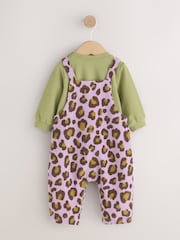 Purple/Green Leopard Print Long Sleeve Bodysuit And Woven Dungarees Set 2 Piece (0mths-2yrs) - Image 4 of 8