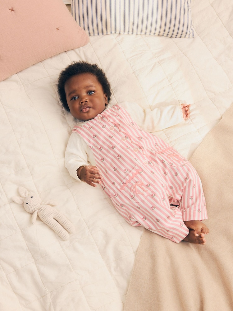 Pink Floral Stripe Long Sleeve Bodysuit And Woven Dungarees Set 2 Piece (0mths-2yrs) - Image 1 of 12