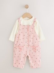 Pink Floral Stripe Long Sleeve Bodysuit And Woven Dungarees Set 2 Piece (0mths-2yrs) - Image 6 of 12