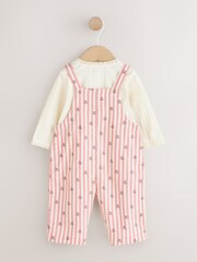 Pink Floral Stripe Long Sleeve Bodysuit And Woven Dungarees Set 2 Piece (0mths-2yrs) - Image 8 of 12