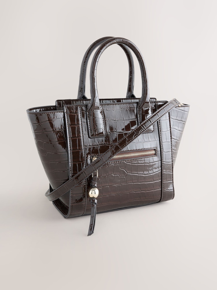 Chocolate Brown Glossy Croc Hand Held Bag - Image 1 of 5 Chocolate Brown Glossy Croc Hand Held Bag - Image 1 of 5