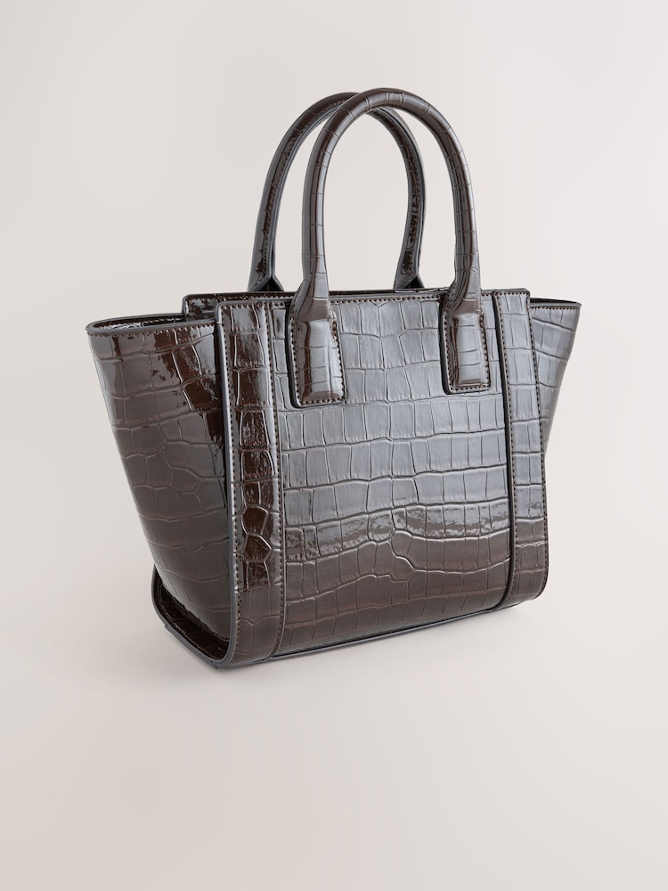 Chocolate Brown Glossy Croc Hand Held Bag - Image 2 of 5 Chocolate Brown Glossy Croc Hand Held Bag - Image 2 of 5