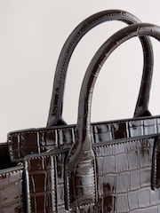 Chocolate Brown Glossy Croc Hand Held Bag - Image 3 of 5