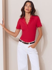 Lipsy Red Lace Trim Short Sleeve Polo Shirt - Image 1 of 5