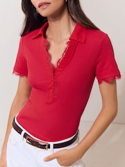 Lipsy Red Lace Trim Short Sleeve Polo Shirt - Image 2 of 5