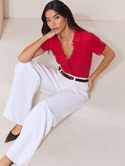 Lipsy Red Lace Trim Short Sleeve Polo Shirt - Image 3 of 5