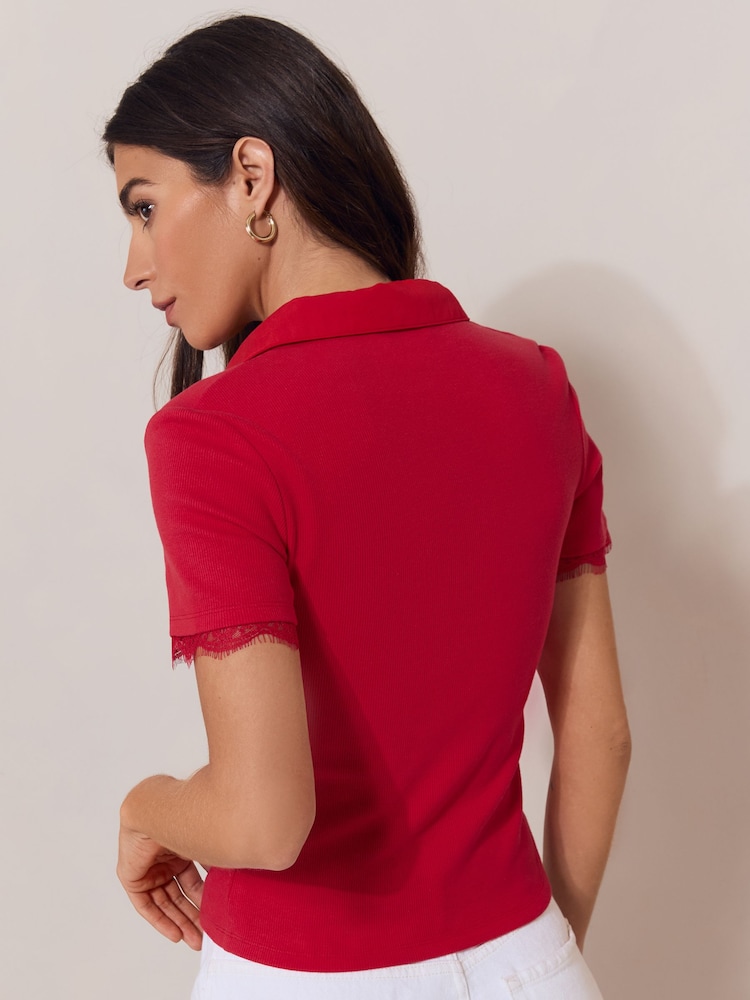 Lipsy Red Lace Trim Short Sleeve Polo Shirt - Image 5 of 5 Lipsy Red Lace Trim Short Sleeve Polo Shirt - Image 5 of 5